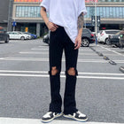 American High Street Zipper Ripped Raw Edge Black Jeans Men's fashion Loose Straight Leg Long Pants Casual Streetwear Jean PlatiNum