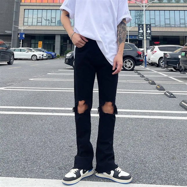 American High Street Zipper Ripped Raw Edge Black Jeans Men's fashion Loose Straight Leg Long Pants Casual Streetwear Jean PlatiNum