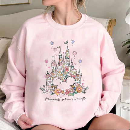 Aesthetic Floral Castle Sweatshirt Vintage Castle Hoodie Happiest Place on Earth Pullover Trendy Women Long Sleeves Sweatshirts