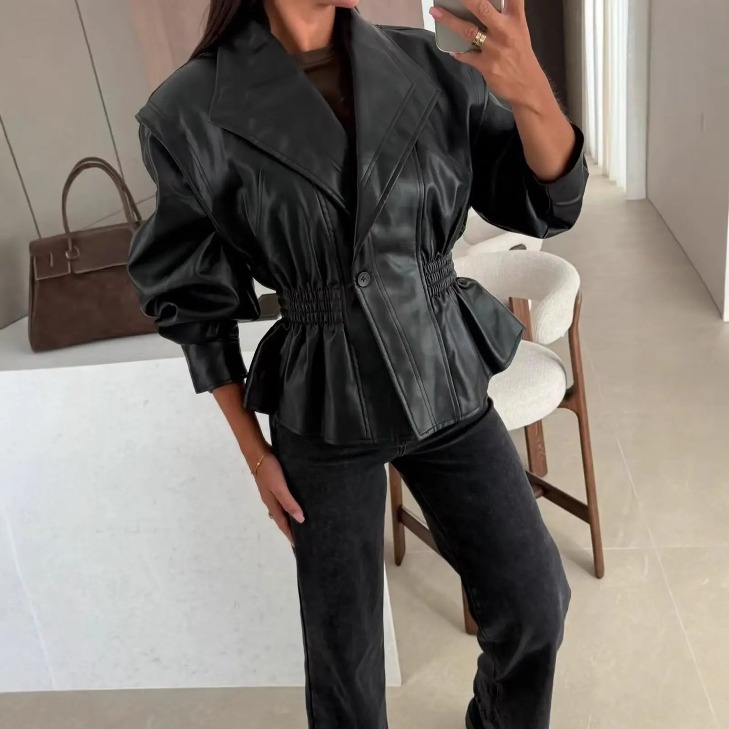 Vintage Elastic Waist Cinching Brwon Leather Jacket Women Casual Lapel Zipper Pu Coat Lady Autumn Outdoors Highstreet Outwear