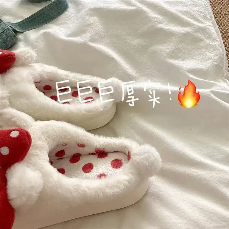Hello Kitty Women Cute Cartoon Cat Plush Slippe Polka Dot Bow Fluffy Closed Back House Shoes Winter Warm Non Slip Soft Cozy