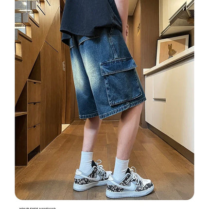 Pantaloncini di jeans cargo da uomo estivi Baggy dritti Moda Casual Pantaloni corti a gamba larga Tasca grande Jeans corti per vacanze al mare Uomo
