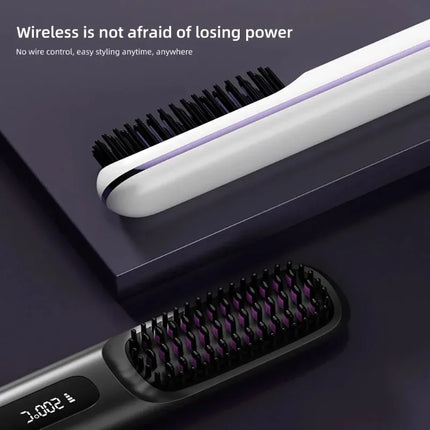 Electric Lcd USB Ceramic Heated Straight Hair Comb, Wireless Portable Negative Ion Styling Tool, Rechargeable Straightening Brush