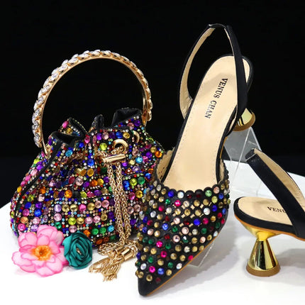 Venus Chan Pointed Toe Heels for Women 2023 Elegant Party Wine Color Full Diamond Pumps Italian Shoes and Bags Matching Set PlatiNum