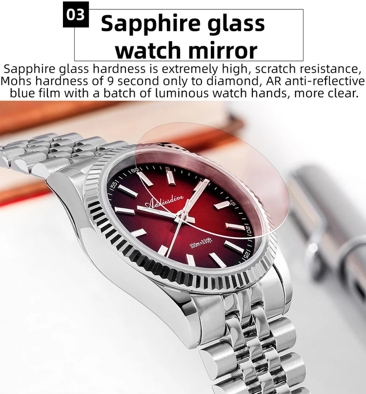 ADDIESDIVE New Watch for Men Sapphire AD2073 Luxury VH31 Quartz Wristwatch 36mm Stainless Steel Waterproof 100m Luminous Watches