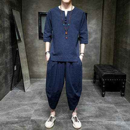 Stile giapponese due pezzi t-shirt pantaloni uomo uomo abiti Kimono maniche corte giappone Harajuku Yukata Cardigan Costume top pantaloni