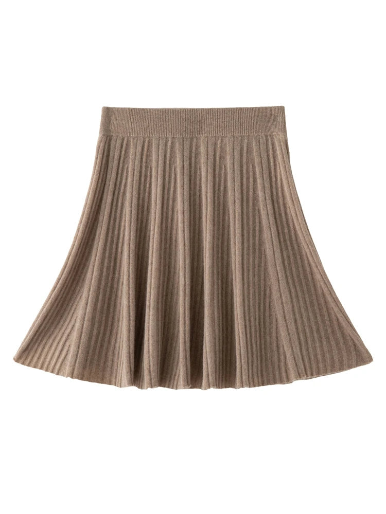 CHICUU Women's A-line Pleated Skirt 100% Cashmere Knit Mini Skirt Autumn Winter Preppy Style Above Knee Skirt Cashmere Knitwear PlatiNum