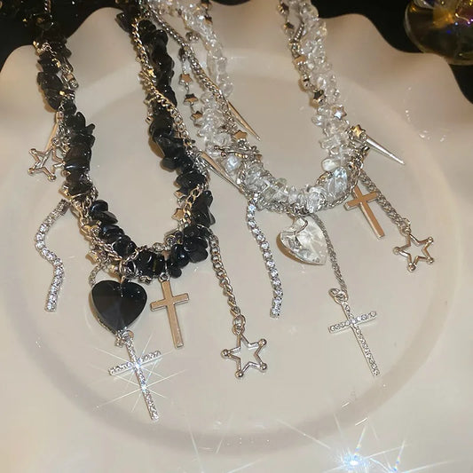 Collana con nappa zircone dal design di personalità, strass brillanti, croce a forma di cuore, collane girocollo, gioielli di moda da donna