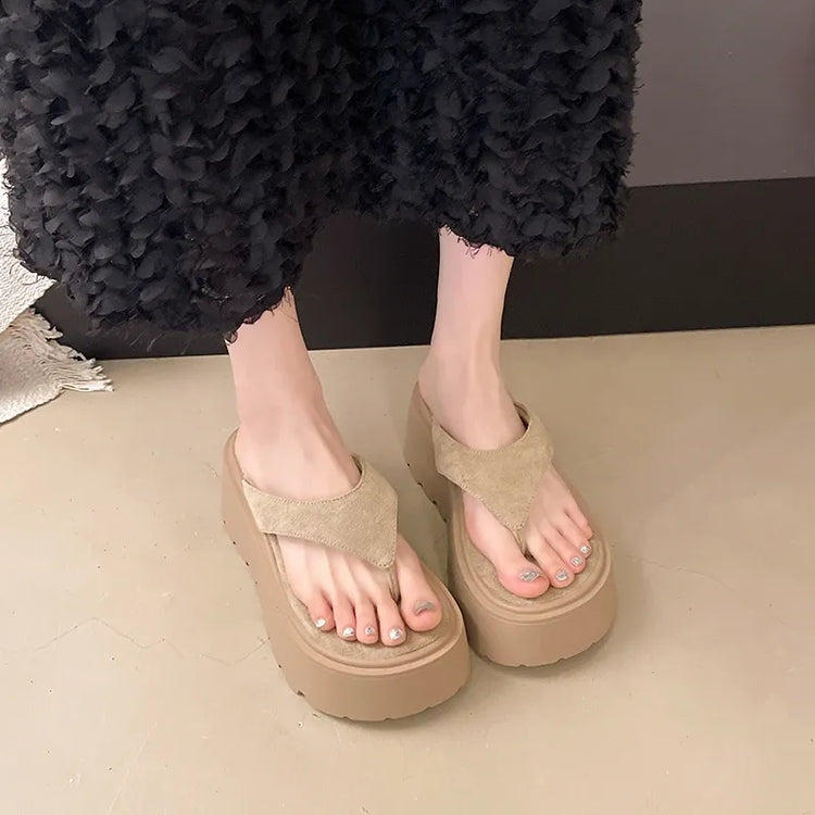 Pantofole da esterno con zeppa Infradito estive da donna con fondo spesso Infradito da spiaggia per il tempo libero a vita alta da esterno in pelle scamosciata