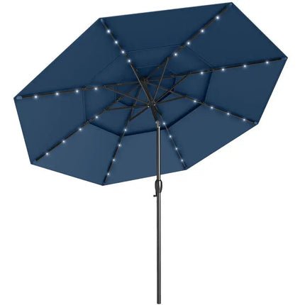Ombrellone da patio solare da 10 piedi con 32 luci a LED, parte superiore ventilata a 3 livelli, colore blu navy