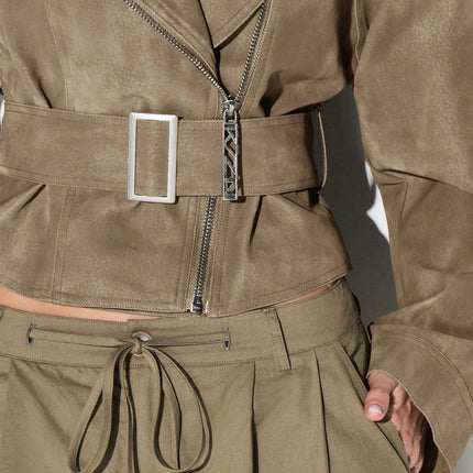 Belt Zipper Top with Waist Cinching American and European Style Streetwear Notched Lapel Thick No Hood Women Autumn Jacket