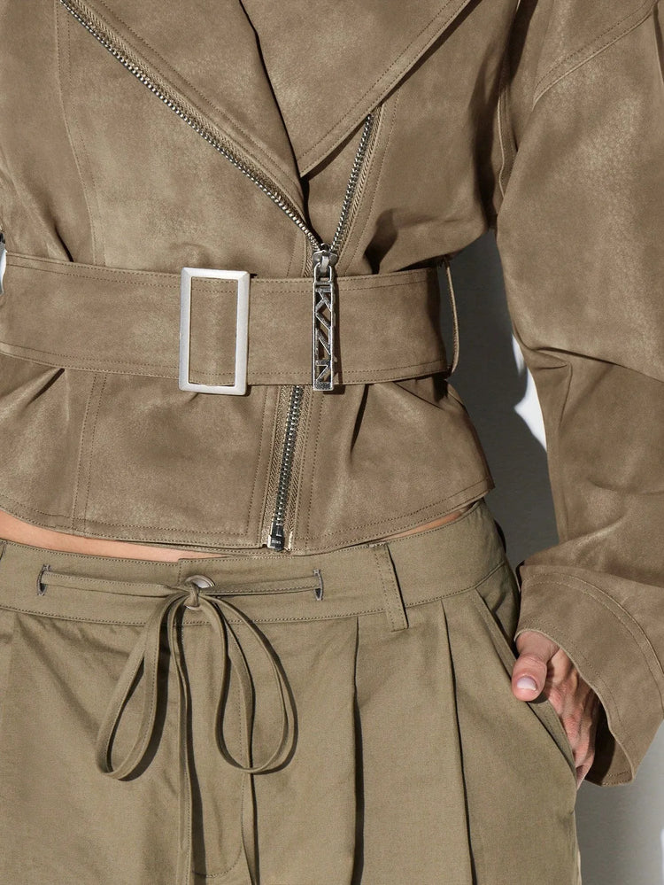 Belt Zipper Top with Waist Cinching American and European Style Streetwear Notched Lapel Thick No Hood Women Autumn Jacket