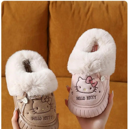 Women's Cute Cartoon Cat Plush Slippers Winter Warm Indoor Non-Slip Bow Embroidered Closed Toe Soft Fluffy House Shoes for Ladie