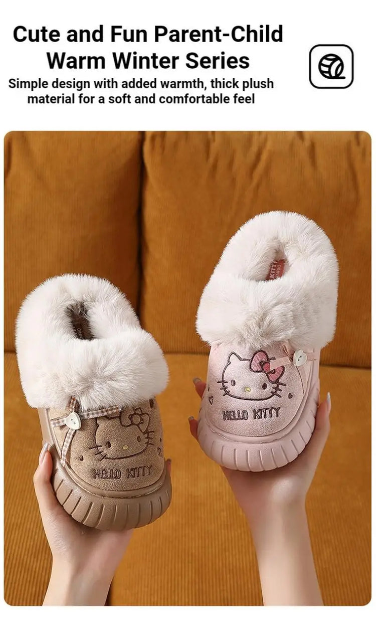Women's Cute Cartoon Cat Plush Slippers Winter Warm Indoor Non-Slip Bow Embroidered Closed Toe Soft Fluffy House Shoes for Ladie