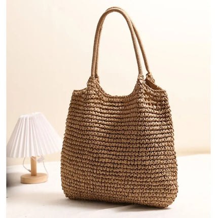 Fashionable Straw Tote Bag Large Capacity Woven Beach Bag Solid Color Casual Square Beach Bag