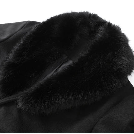 Retro Black Fur Patchwork Woolen Coat Women Chic Full Sleeve V-neck Lace Up Loose Long Overcoat 2025 Lady Winter Commute Outwear