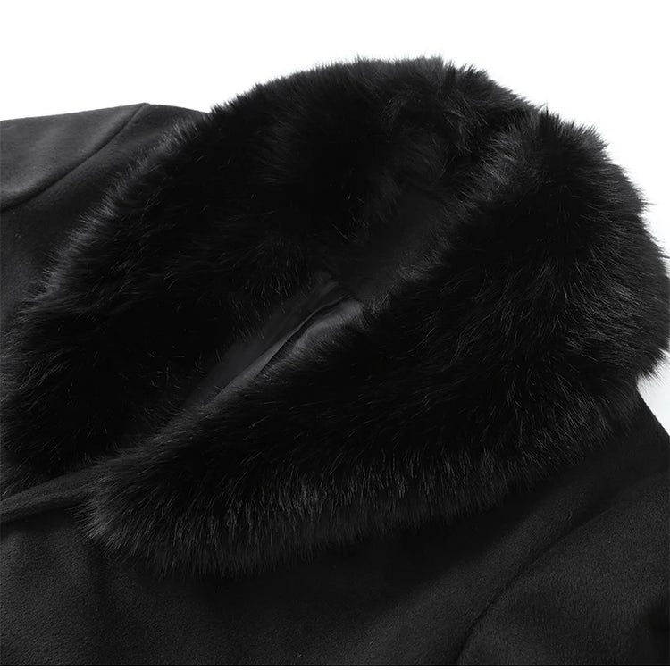 Retro Black Fur Patchwork Woolen Coat Women Chic Full Sleeve V-neck Lace Up Loose Long Overcoat 2025 Lady Winter Commute Outwear