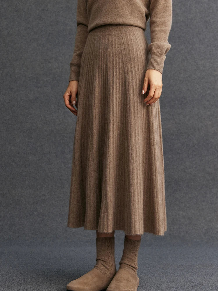 TLOML Luxury Women's 100% Cashmere Skirt Pleated Mid-Calf Skirt Autumn Winter Office Lady Grace Style Skirt Cashmere Knitwear PlatiNum
