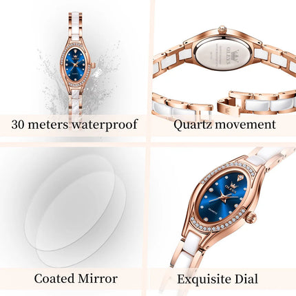 OLEVS 7131 Orologio da Donna Elegante con Movimento al Quarzo, Cinturino in Porcellana, Impermeabile 30m, Quadrante con Diamanti, Orologio alla Moda per Donne platinumshop
