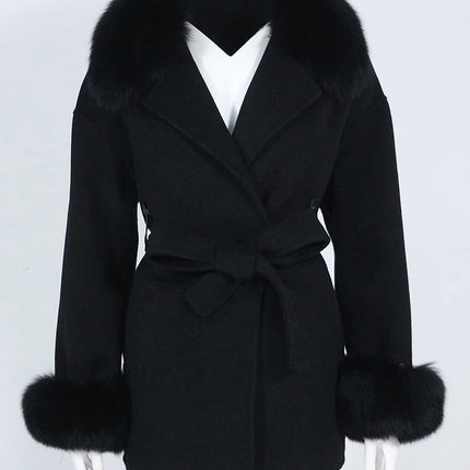 OFTBUY Real Fur Coat Winter Jacket Women Natural Fox Fur Collar Cuffs Belt Cashmere Wool Woolen Ladies Outerwear Streetwear