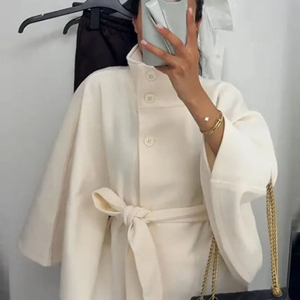 Faux Fur Cloak Jackets Women Loose Standneck Three Button Wide Sleeves Belt Coats Female 2026 Autumn Solid Chic Fashion Outwears