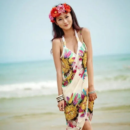 Copricostumi stampati Abito da spiaggia sexy Donna Halter Sling Chiffon Asciugamano da spiaggia Bikini Wrap Pareo Gonne Costumi da bagno aperti sul retro platinumshop