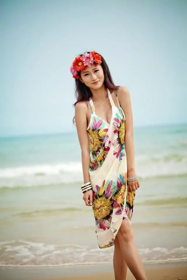 Copricostumi stampati Abito da spiaggia sexy Donna Halter Sling Chiffon Asciugamano da spiaggia Bikini Wrap Pareo Gonne Costumi da bagno aperti sul retro platinumshop
