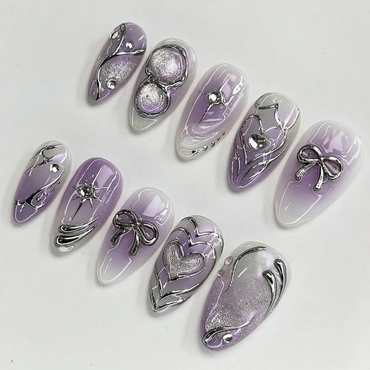 24pcs Sweet False Nail Patches Detachable Fake Nail Tips With Bowknots Love Heart Pearl Design Pink Almond Korean Press On Nail