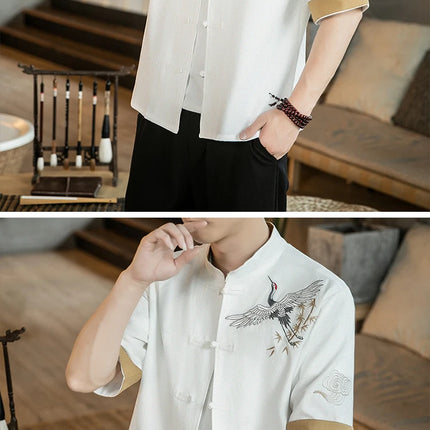 Camicie da uomo con gru ricamate Kungfu Tai Chi Casual manica corta nuovo stile cinese colletto alla coreana Cardigan in lino Tang Suit uomo Top
