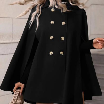 Ladies Mid Length Cape Coat Round Neck Double Breasted Metal Buttons Sleeveless Loose Cloak Outer Jacket For Party