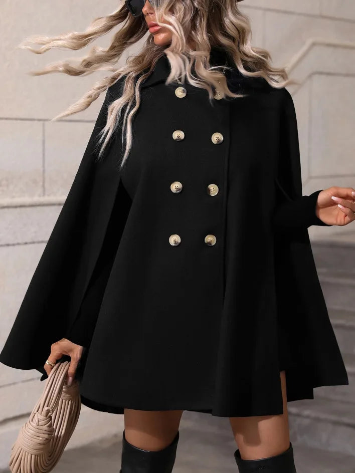 Ladies Mid Length Cape Coat Round Neck Double Breasted Metal Buttons Sleeveless Loose Cloak Outer Jacket For Party