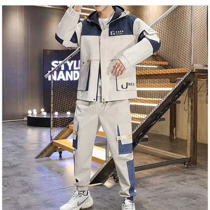 Men's Casual Sports Sets Spring Autumn Tracksuit Jogging Set Patchwork flight Hooded jacket pants two Piece