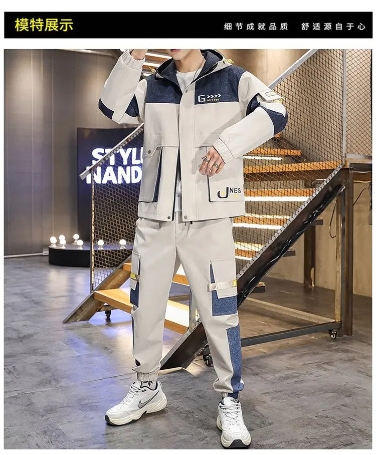 Men's Casual Sports Sets Spring Autumn Tracksuit Jogging Set Patchwork flight Hooded jacket pants two Piece