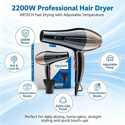 2200W Professional Hair Dryer AC100-240V Adjustable Temperature Speed Cold Shot Blow Dryer With Concentrator Nozzle Salon Home Travel Hair Styling Tool