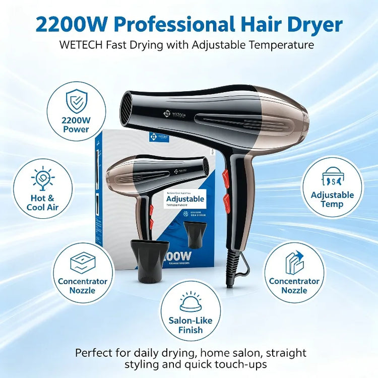 2200W Professional Hair Dryer AC100-240V Adjustable Temperature Speed Cold Shot Blow Dryer With Concentrator Nozzle Salon Home Travel Hair Styling Tool