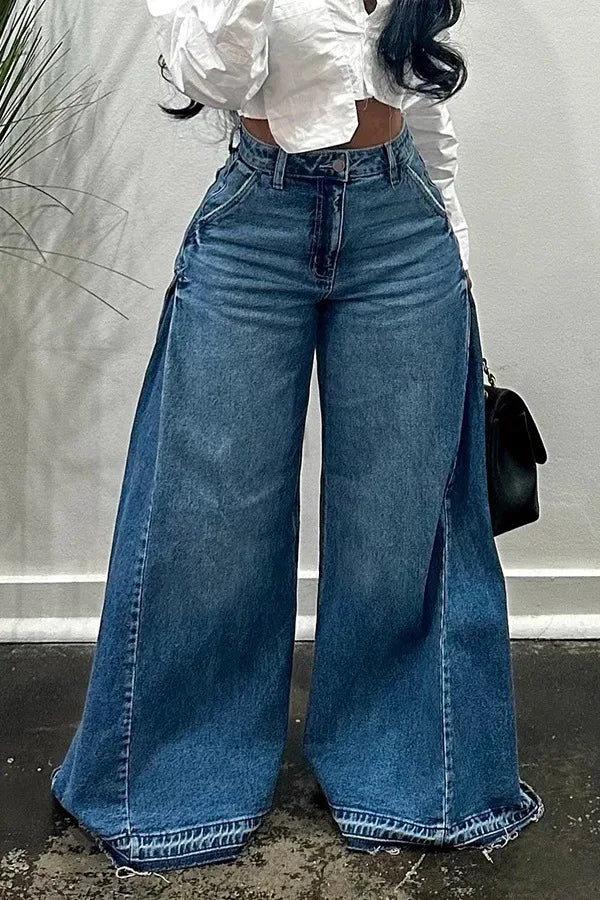 European American New Fashion Women's Spliced Casual Fashion Wide Leg Flared Jeans Streetwear Denim Pants