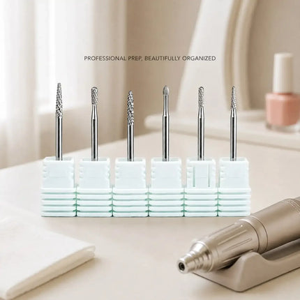 6PCS Tungsten Carbide Nail Drill Bit Set for Cuticle Prep, Professional Manicure Bits for Sidewalls, Dead Skin and Nail Surface Cleaning, with Individual Storage Bases, Salon Nail Art Tools