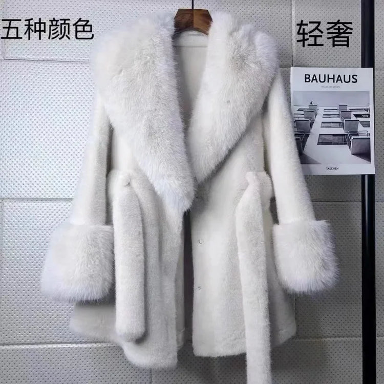 Luxury Brand Chic Faux Fur Coats Fur Collar Oversized with Belt Women Fur Jackets Winter Long Sleeve Outerwear Soft Coats New