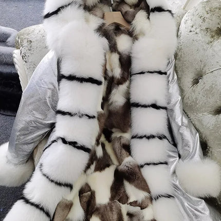 Winter Long Jacket Real Fur Coat Women Clothes Large Silver Fox Fur Collar Detachable Natural Fox Lining Parkas Leather Fur