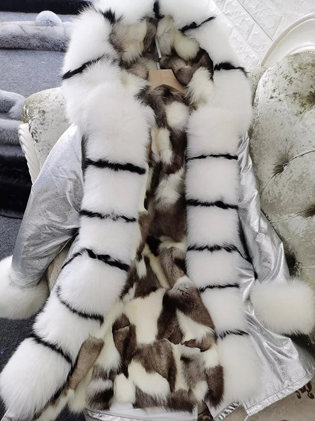Winter Long Jacket Real Fur Coat Women Clothes Large Silver Fox Fur Collar Detachable Natural Fox Lining Parkas Leather Fur