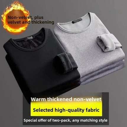 Men's Long Sleeve Thermal Underwear Fleece Lined Thick T-Shirt round Neck Slim Fit Base Shirt Pure Color Inner Wear Autumn Top PlatiNum