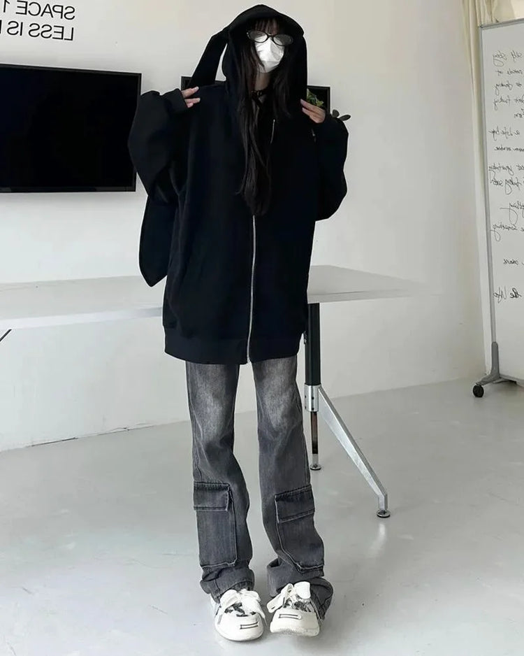 2026 Autumn Kawaii Bunny Big Extra Ears Hoodie Long Sleeve Hooded Sweatshirt Y2K Style Fashion Rabbit Oversized Zip-up Hoodies
