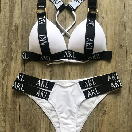 Costumi da bagno da donna Costume da bagno Push Up Bikini 2023 Mujer Lace Up Bikini Costume da bagno donna Stampa di lettere Mini Perizoma Bikini Set platinumshop
