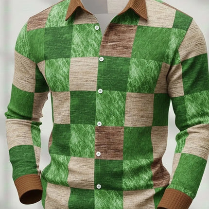 Men's Retro Patchwork Plaid Long-Sleeve Shirt, Casual Button-Down Top, Stylish Daily Office/Streetwear Shirt