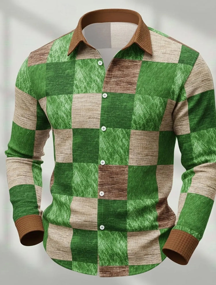 Men's Retro Patchwork Plaid Long-Sleeve Shirt, Casual Button-Down Top, Stylish Daily Office/Streetwear Shirt