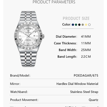 POEDAGAR Fashion Male Clock Luminous Waterproof Week Date Creative Men Watch Stainless Steel Quartz Business Men's Watches Reloj