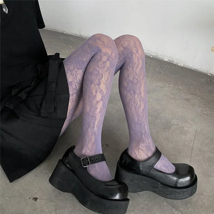 Calze di seta scavate a rete con ricamo floreale sexy da donna Collant a rete per pesci JK Collant Harajuku hipster colorato per ragazze fresche