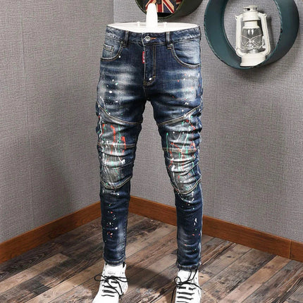 Fashion Streetwear Men Jeans Retro Black Blue Elastic Slim Fit Ripped Jeans Men Spliced Designer Embroidery Hip Hop Denim Pants PlatiNum