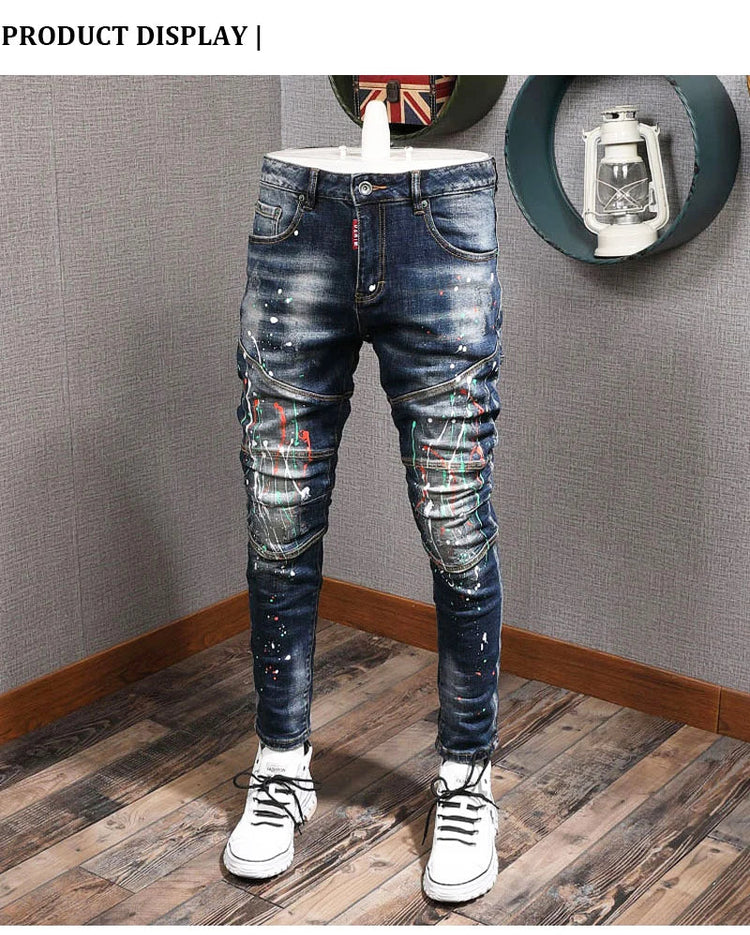Fashion Streetwear Men Jeans Retro Black Blue Elastic Slim Fit Ripped Jeans Men Spliced Designer Embroidery Hip Hop Denim Pants PlatiNum