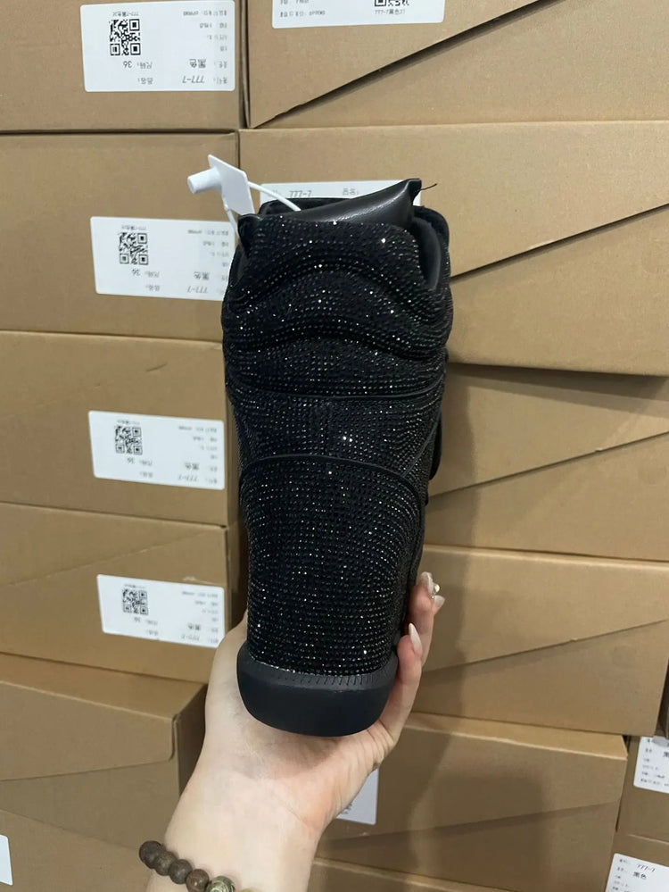 Women Rhinestone High Top Sneakers Hidden Wedge Heel Shoes Star Decor Hook & Loop Fashion Platform Ankle Boots